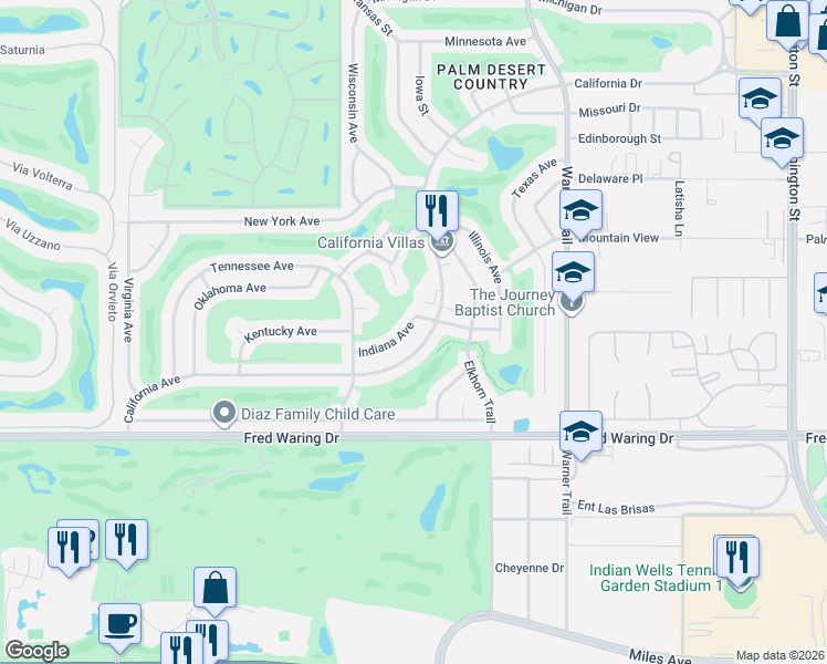 map of restaurants, bars, coffee shops, grocery stores, and more near 77125 Indiana Avenue in Palm Desert