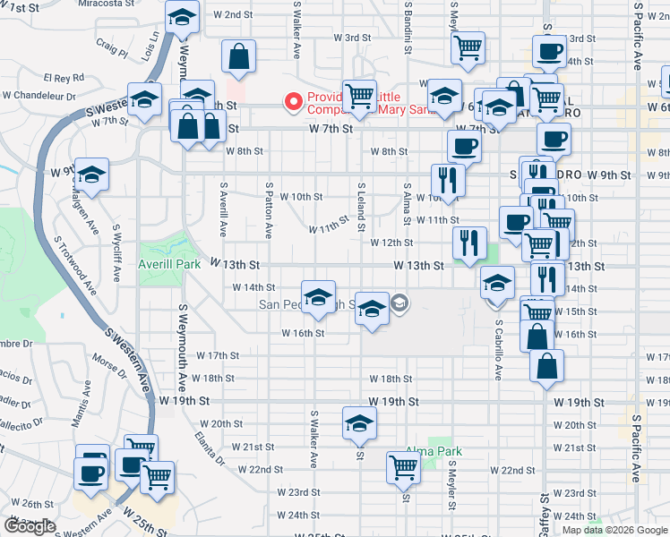 map of restaurants, bars, coffee shops, grocery stores, and more near 1143 West 13th Street in Los Angeles