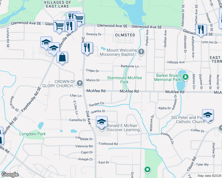 map of restaurants, bars, coffee shops, grocery stores, and more near in Candler-McAfee
