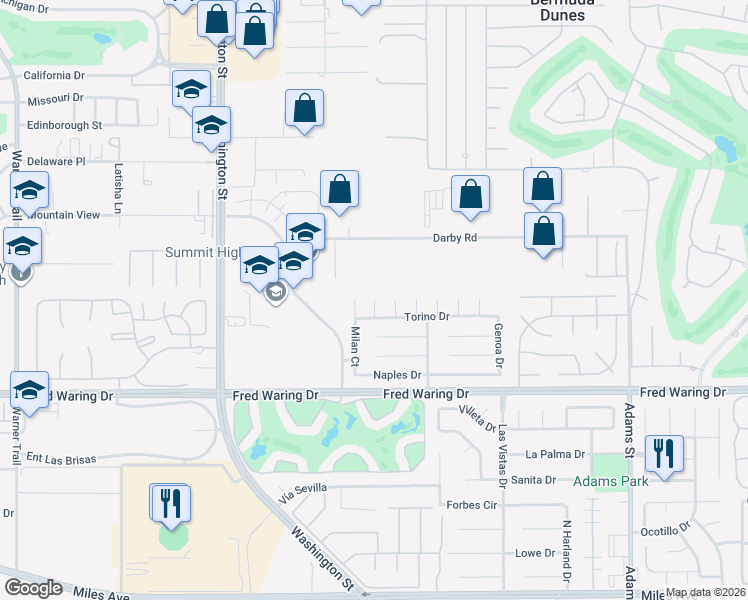 map of restaurants, bars, coffee shops, grocery stores, and more near 43585 Messina Court in La Quinta