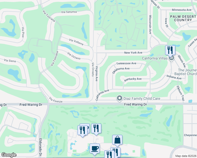 map of restaurants, bars, coffee shops, grocery stores, and more near 43620 Virginia Avenue in Palm Desert