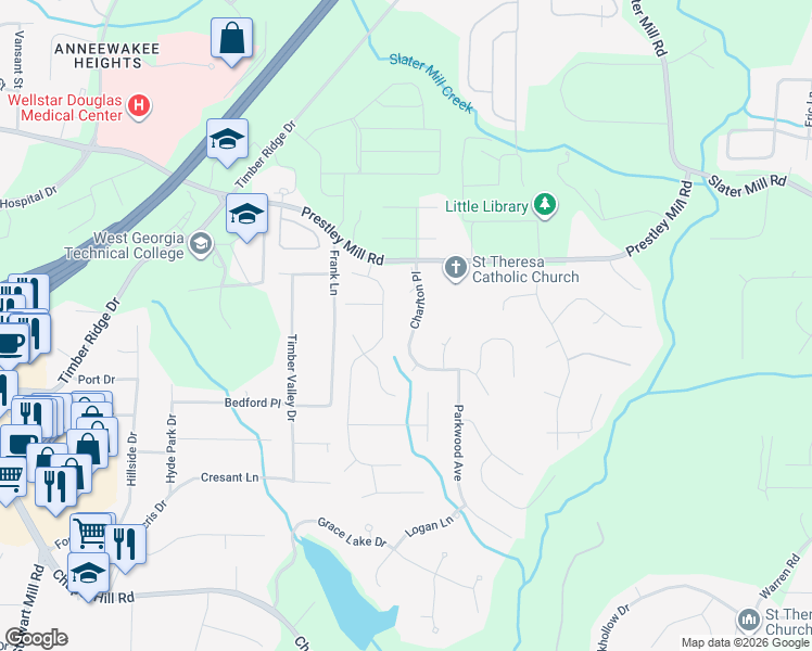 map of restaurants, bars, coffee shops, grocery stores, and more near 9175 Charlton Place in Douglasville
