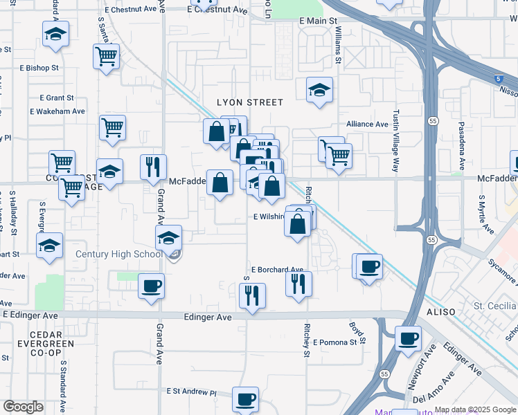 map of restaurants, bars, coffee shops, grocery stores, and more near 1669 South Wright Street in Santa Ana