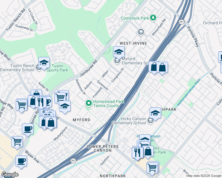 map of restaurants, bars, coffee shops, grocery stores, and more near 81 Waterman in Irvine