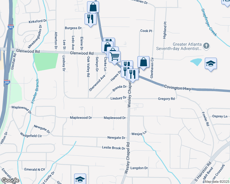 map of restaurants, bars, coffee shops, grocery stores, and more near 4135 Brenda Drive in Decatur