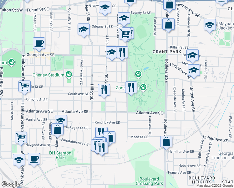 map of restaurants, bars, coffee shops, grocery stores, and more near 391 Grant Park Place Southeast in Atlanta