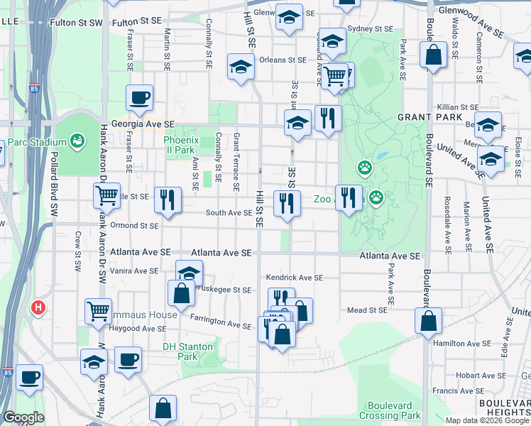 map of restaurants, bars, coffee shops, grocery stores, and more near in Atlanta