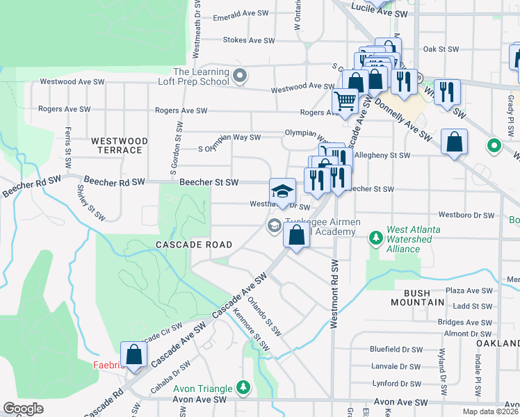 map of restaurants, bars, coffee shops, grocery stores, and more near 1673 Richland Road Southwest in Atlanta