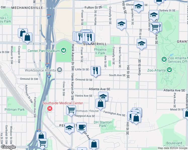 map of restaurants, bars, coffee shops, grocery stores, and more near 49 South Avenue Southeast in Atlanta