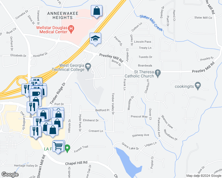 map of restaurants, bars, coffee shops, grocery stores, and more near 2695 Timber Valley Drive in Douglasville