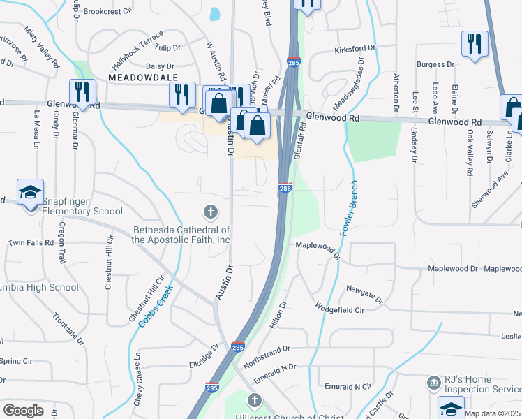 map of restaurants, bars, coffee shops, grocery stores, and more near 3841 Austin Circle in Decatur