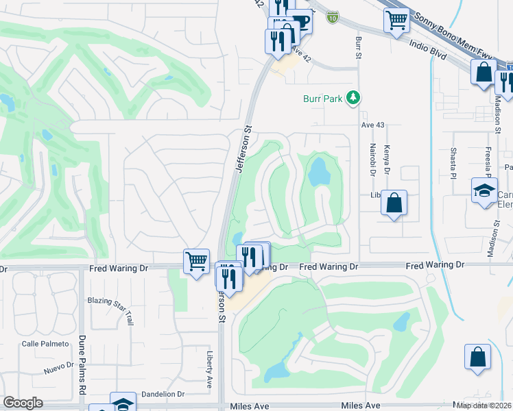 map of restaurants, bars, coffee shops, grocery stores, and more near 80418 Dumphries Court in Indio