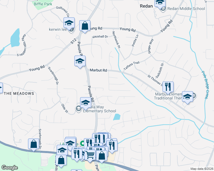 map of restaurants, bars, coffee shops, grocery stores, and more near 1971 Marbut Forest Drive in Lithonia