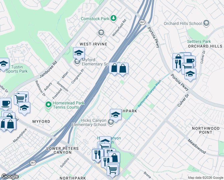 map of restaurants, bars, coffee shops, grocery stores, and more near 7 3 Rivers in Irvine