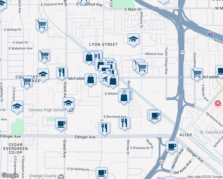 map of restaurants, bars, coffee shops, grocery stores, and more near 1651 East Wilshire Avenue in Santa Ana