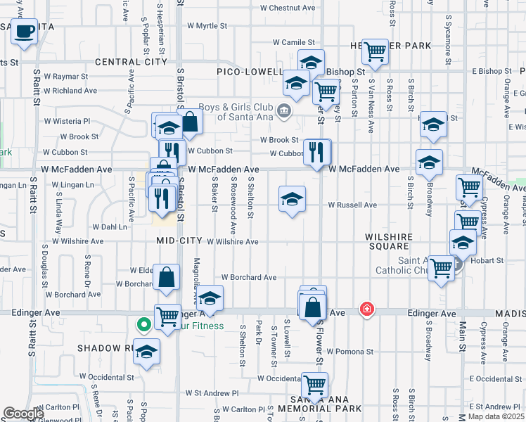 map of restaurants, bars, coffee shops, grocery stores, and more near 1219 South Shelton Street in Santa Ana