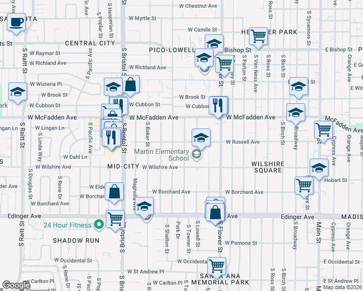 map of restaurants, bars, coffee shops, grocery stores, and more near 1219 South Shelton Street in Santa Ana