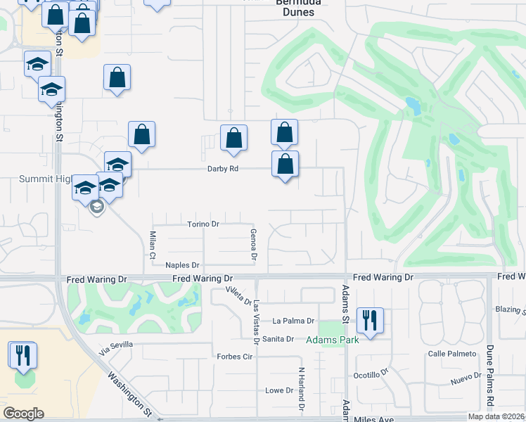 map of restaurants, bars, coffee shops, grocery stores, and more near 43682 Palermo Court in La Quinta