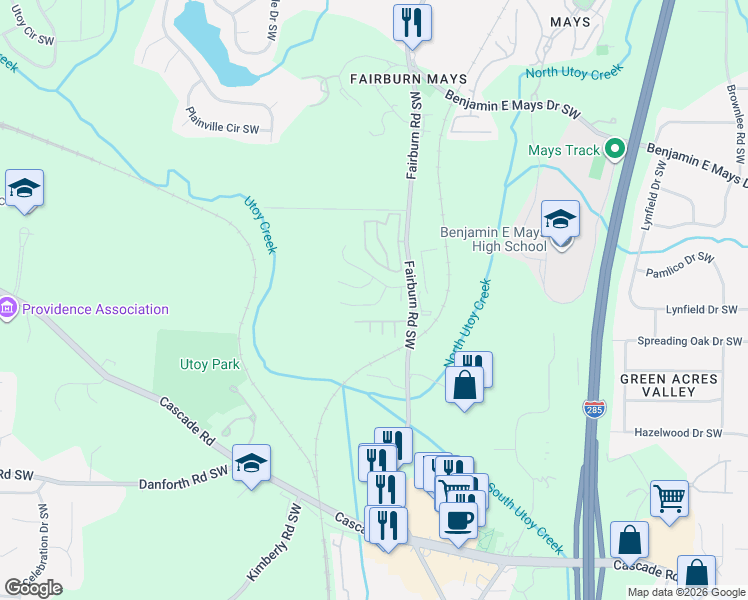 map of restaurants, bars, coffee shops, grocery stores, and more near 3786 Mays Court Southwest in Atlanta