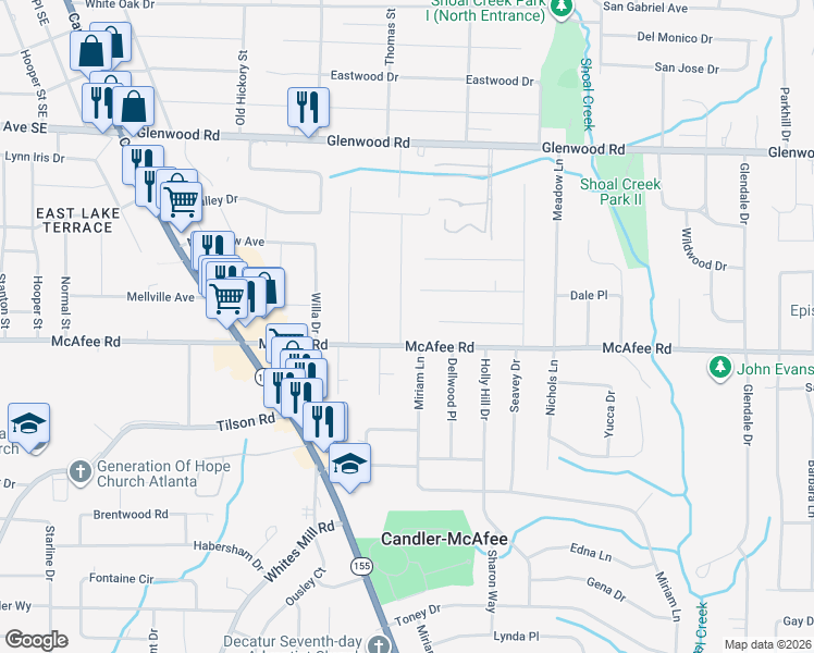 map of restaurants, bars, coffee shops, grocery stores, and more near 1994 Willa Way in Decatur