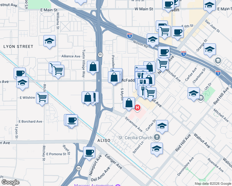 map of restaurants, bars, coffee shops, grocery stores, and more near 15921 South Myrtle Avenue in Tustin