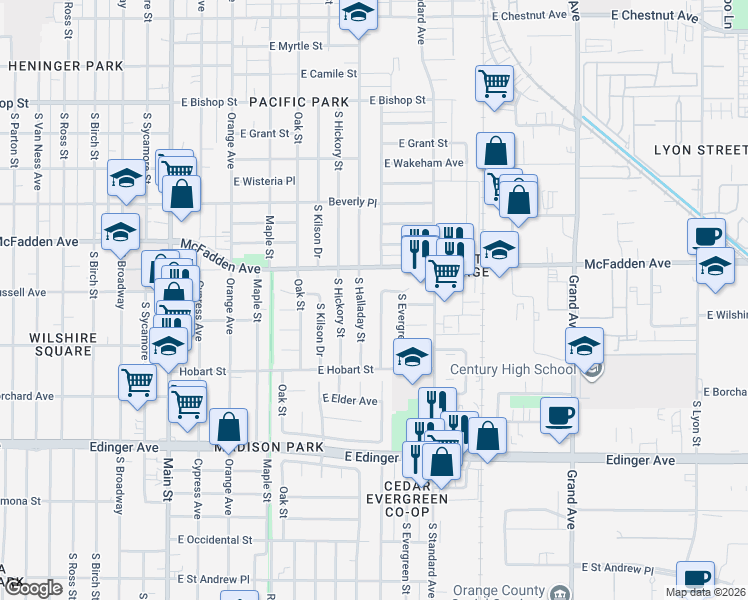 map of restaurants, bars, coffee shops, grocery stores, and more near 1241 South Halladay Street in Santa Ana