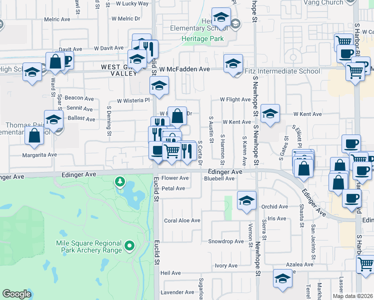 map of restaurants, bars, coffee shops, grocery stores, and more near 1206 South Driftwood Drive in Santa Ana