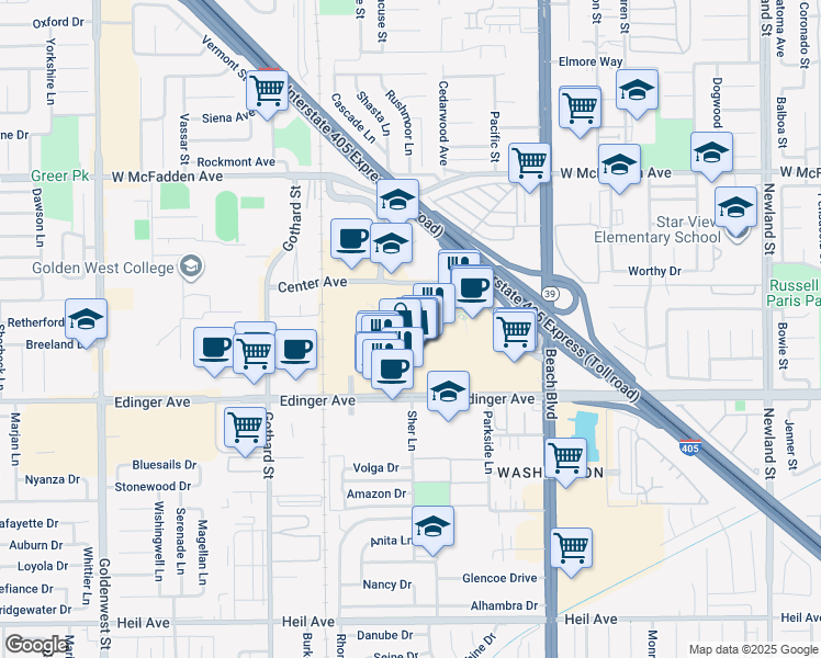 map of restaurants, bars, coffee shops, grocery stores, and more near 7777 Edinger Avenue in Huntington Beach