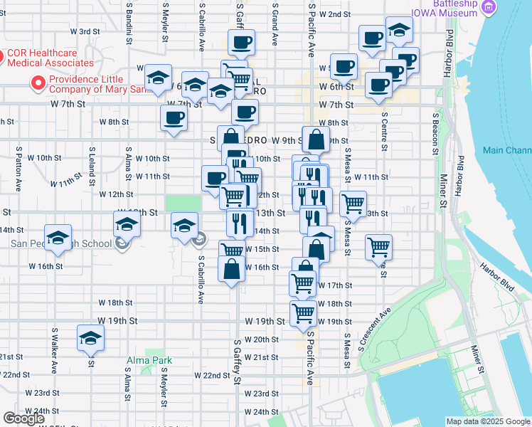 map of restaurants, bars, coffee shops, grocery stores, and more near 1320 South Grand Avenue in Los Angeles