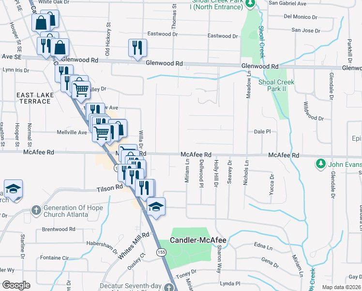 map of restaurants, bars, coffee shops, grocery stores, and more near 1994 Willa Way in Decatur