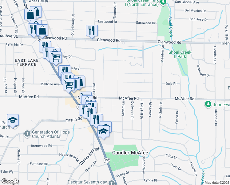 map of restaurants, bars, coffee shops, grocery stores, and more near 2746 McAfee Road in Decatur