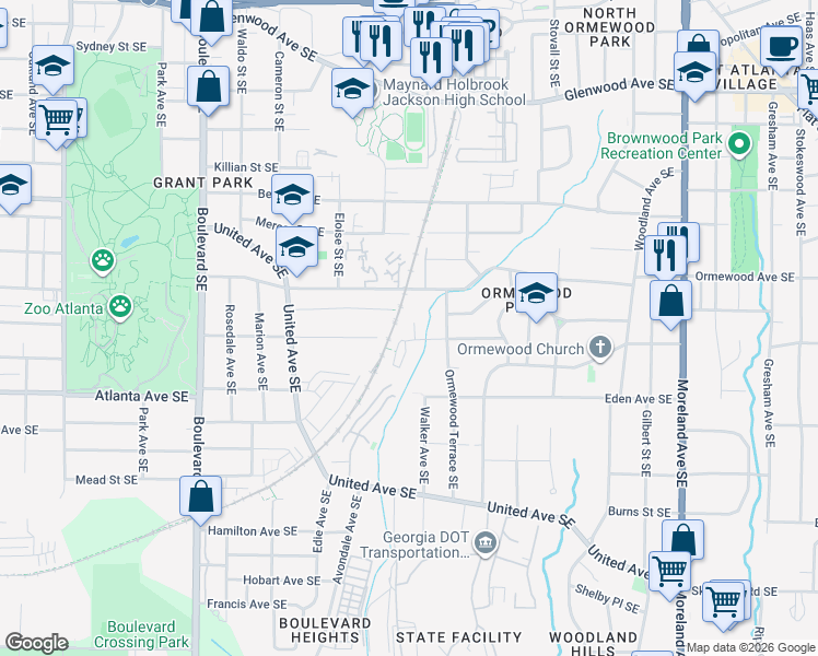 map of restaurants, bars, coffee shops, grocery stores, and more near 831 Delmar Court Southeast in Atlanta