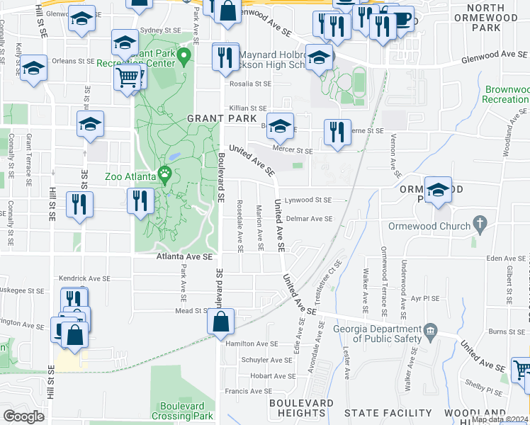 map of restaurants, bars, coffee shops, grocery stores, and more near 649 Delmar Avenue Southeast in Atlanta