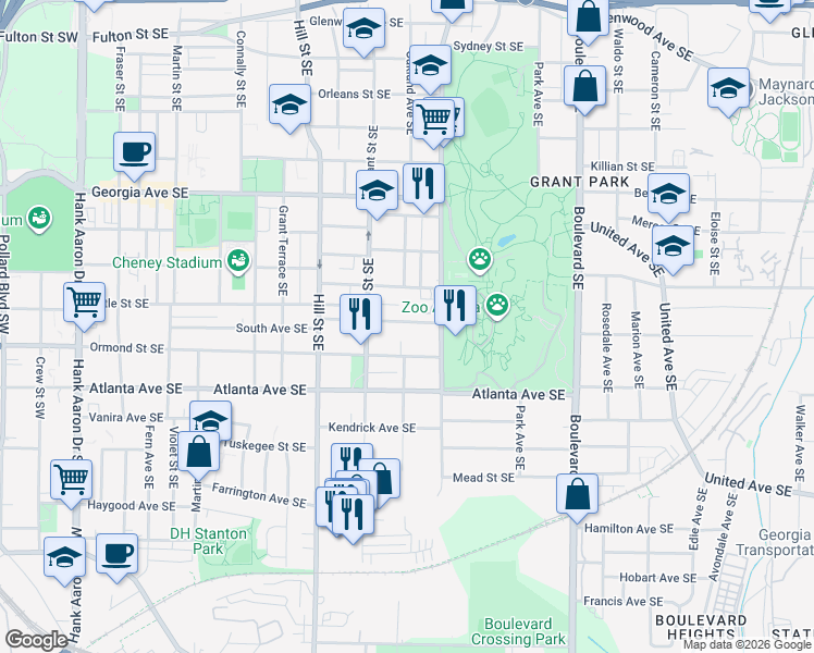 map of restaurants, bars, coffee shops, grocery stores, and more near 391 Grant Park Place Southeast in Atlanta