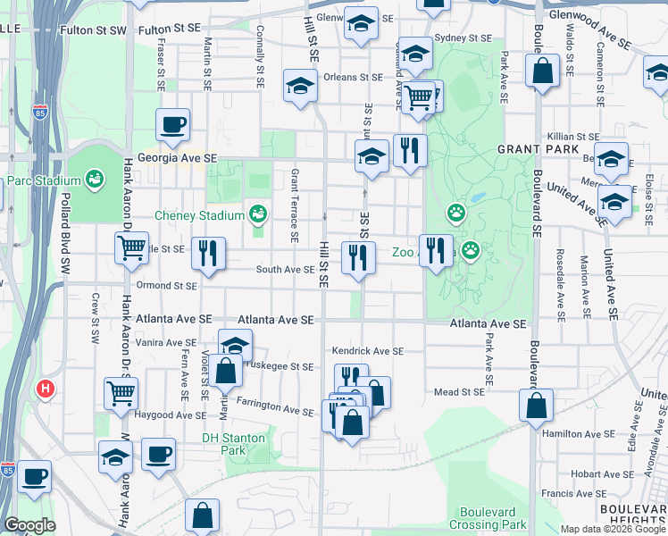 map of restaurants, bars, coffee shops, grocery stores, and more near 299 Grant Park Place Southeast in Atlanta