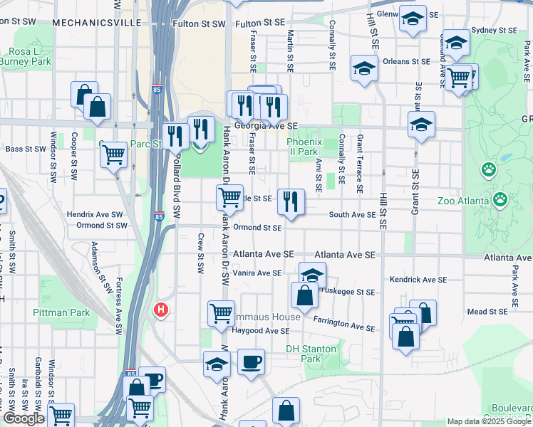 map of restaurants, bars, coffee shops, grocery stores, and more near 74 Ormond Street Southeast in Atlanta