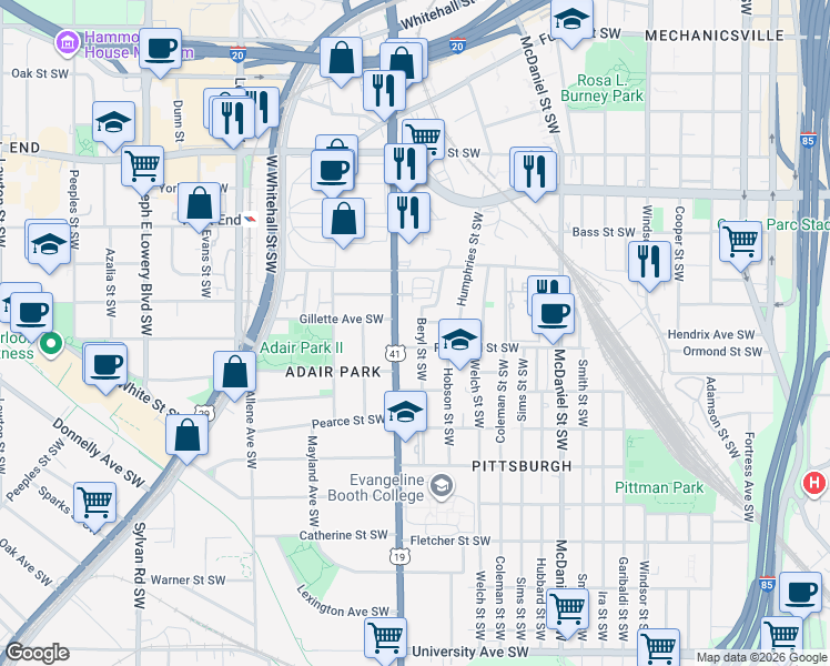 map of restaurants, bars, coffee shops, grocery stores, and more near in Atlanta