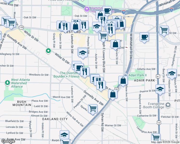 map of restaurants, bars, coffee shops, grocery stores, and more near 975 White Street Southwest in Atlanta