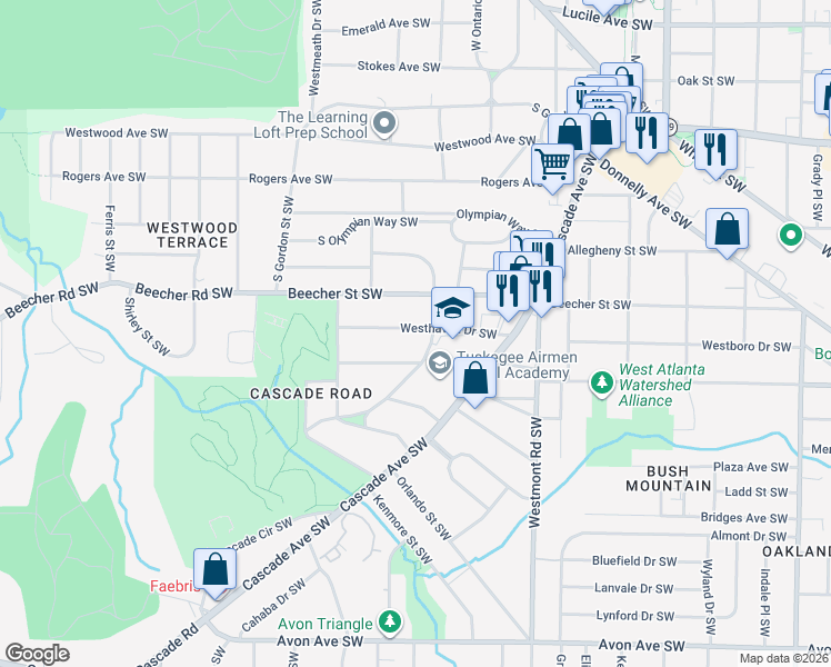 map of restaurants, bars, coffee shops, grocery stores, and more near 1673 Richland Road Southwest in Atlanta