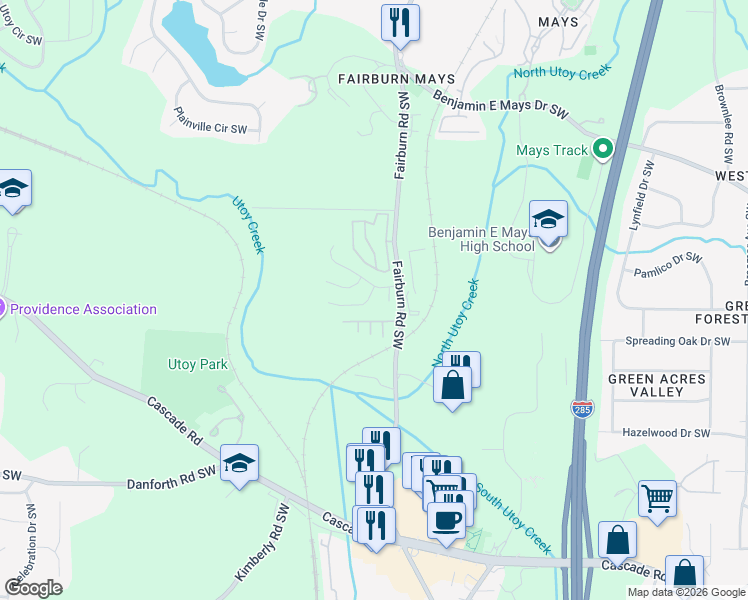 map of restaurants, bars, coffee shops, grocery stores, and more near 3689 Manor Court Southwest in Atlanta