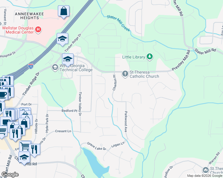 map of restaurants, bars, coffee shops, grocery stores, and more near 9175 Charlton Place in Douglasville