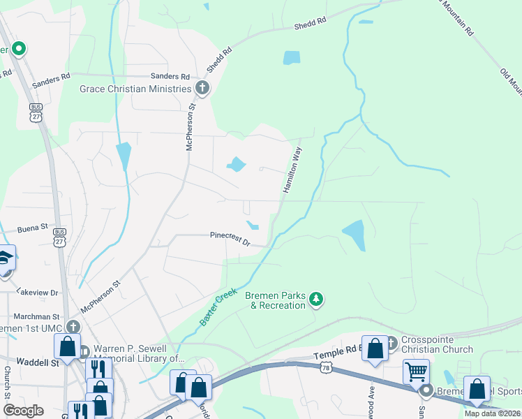 map of restaurants, bars, coffee shops, grocery stores, and more near 121 Cherokee Drive in Bremen
