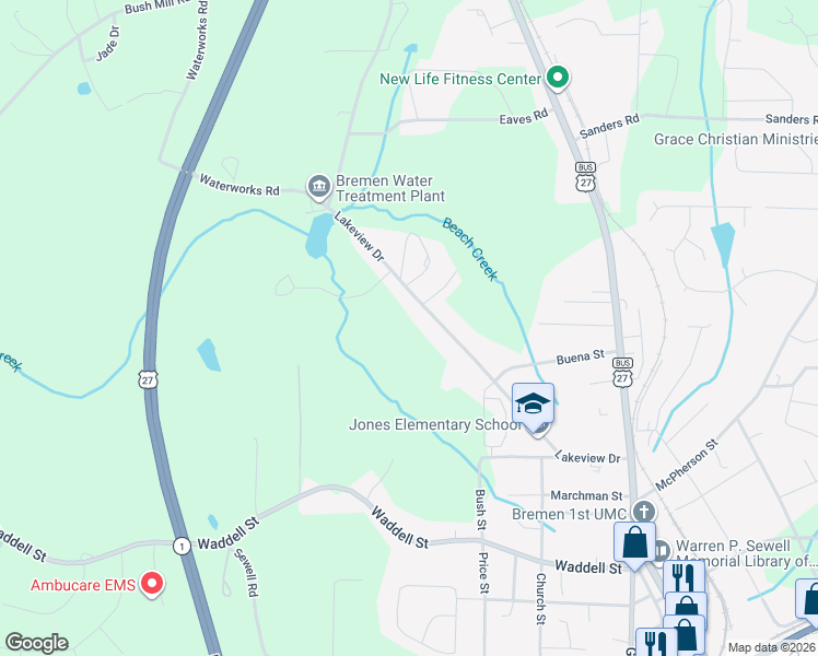 map of restaurants, bars, coffee shops, grocery stores, and more near 324 Lakeview Drive in Bremen