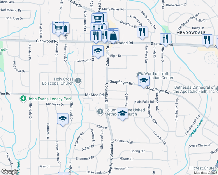 map of restaurants, bars, coffee shops, grocery stores, and more near 1982 Columbia Drive in Decatur