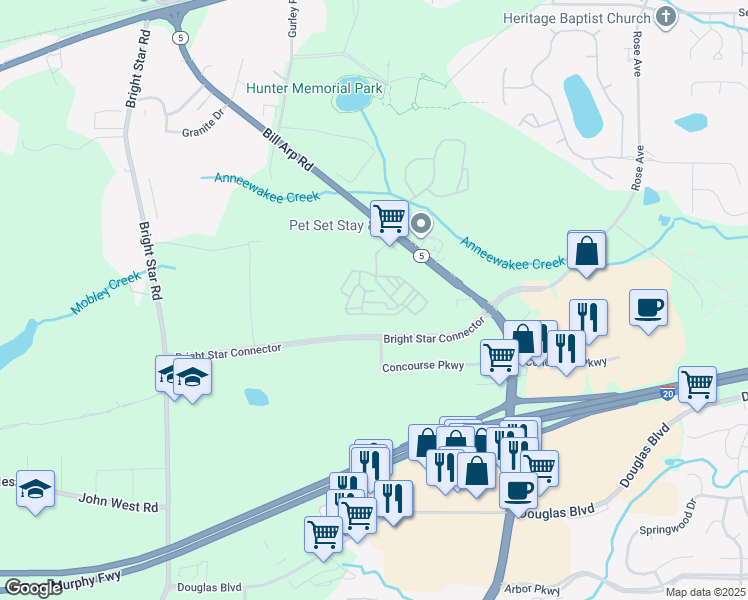 map of restaurants, bars, coffee shops, grocery stores, and more near 1327 Rocky Ridge Boulevard in Douglasville