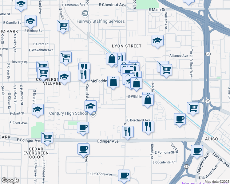map of restaurants, bars, coffee shops, grocery stores, and more near 1627 E Wilshire Ave in Santa Ana