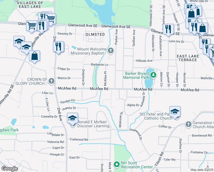 map of restaurants, bars, coffee shops, grocery stores, and more near 2167 McAfee Road in Decatur