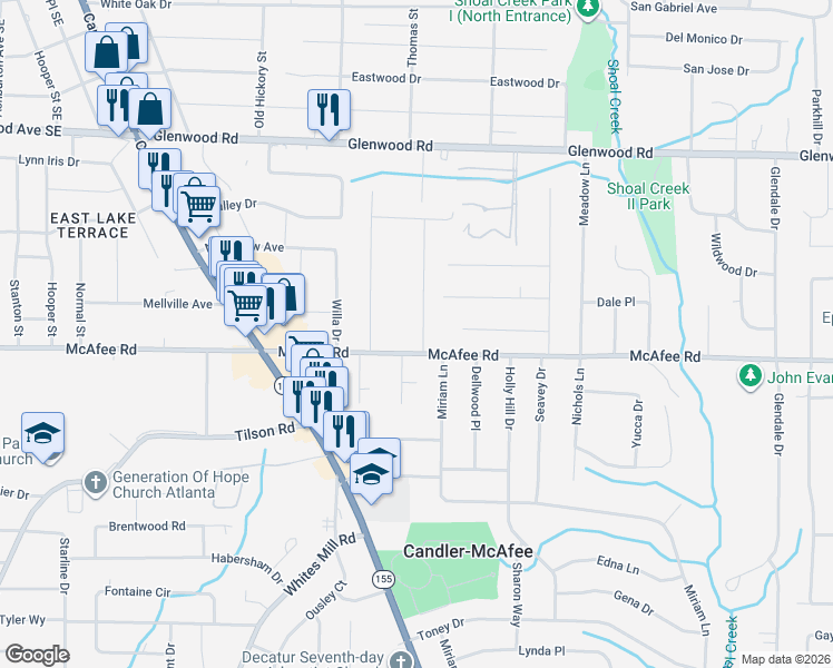 map of restaurants, bars, coffee shops, grocery stores, and more near 2746 McAfee Road in Decatur