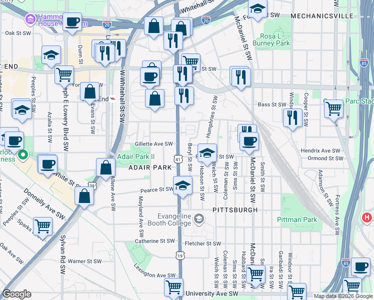 map of restaurants, bars, coffee shops, grocery stores, and more near in Atlanta