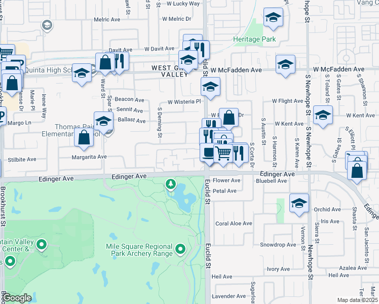 map of restaurants, bars, coffee shops, grocery stores, and more near 15890 Camo Bluff Court in Fountain Valley